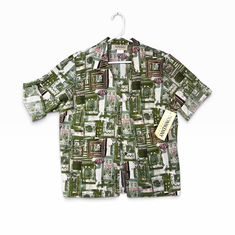 Donkenny Classics Women's Size L Short Sleeve Button Up Shirt Green Geometric